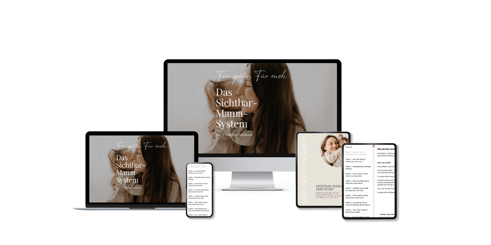 Das Sichtbar-Mama-System auf Laptop, Tablet und Smartphone — Mockup der 9 Video-Module