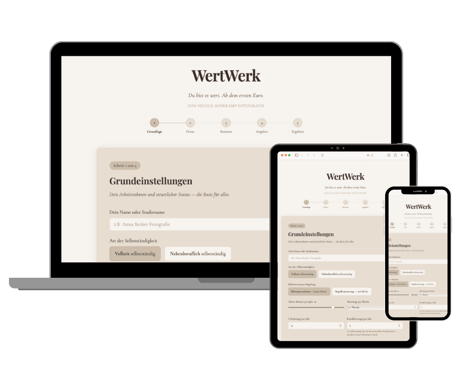 WertWerk auf Laptop, Tablet und Smartphone — Preiskalkulator für Familienfotografinnen
