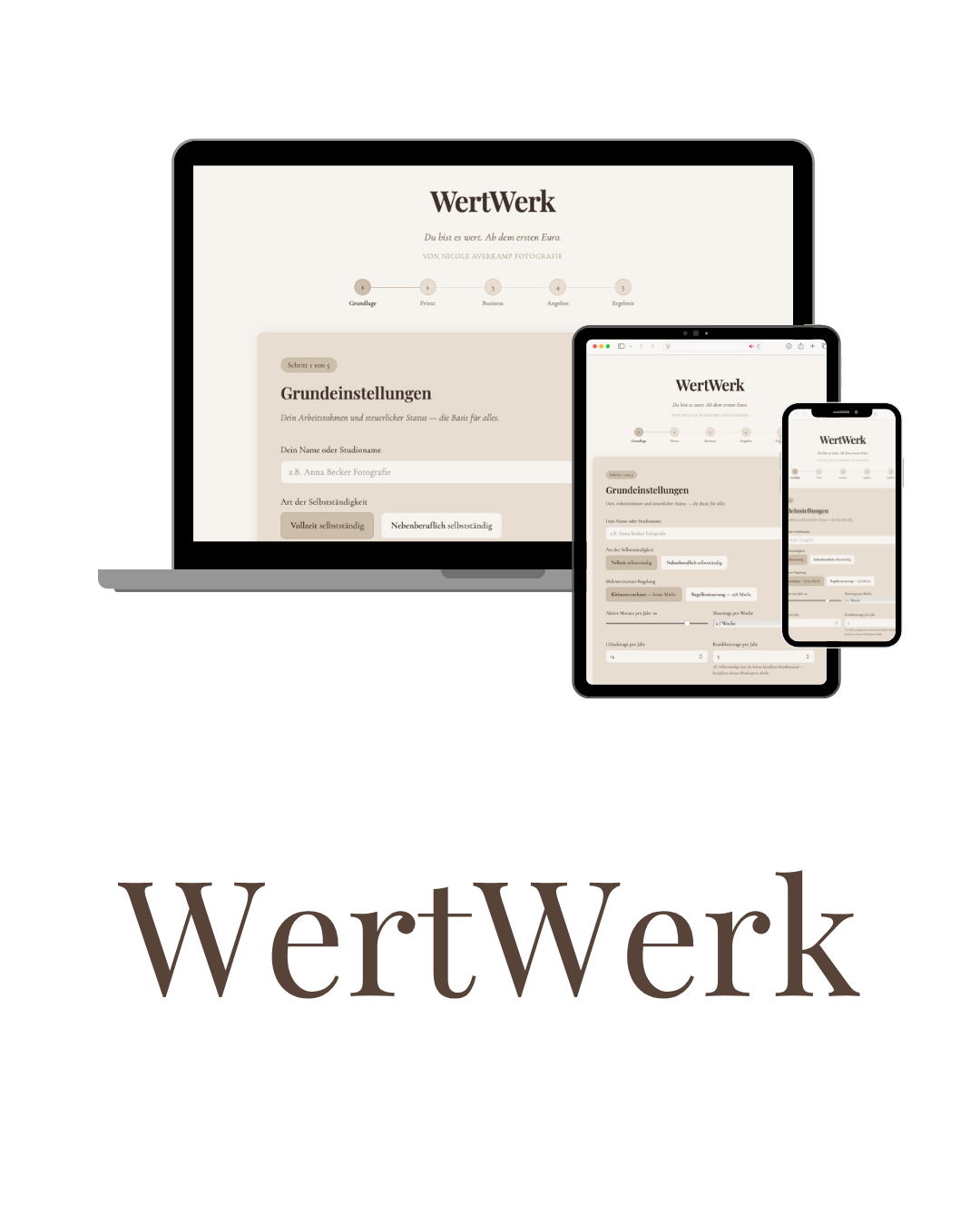 WertWerk — Preiskalkulator für Familienfotografinnen auf Laptop, Tablet und Smartphone