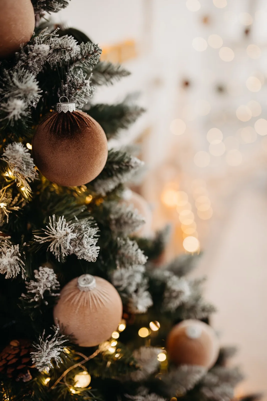 Nahaufnahme handgefertigter, samtbezogener Christbaumkugeln am verschneiten Tannenbaum — Studio von Nicole Averkamp Fotografie in Bottrop